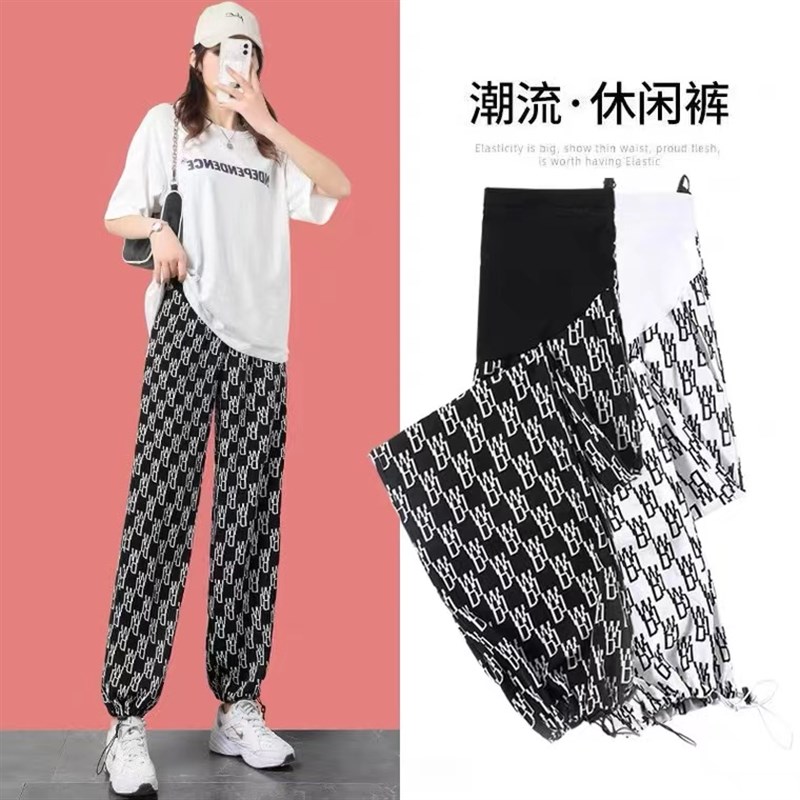 孕妇裤子夏季薄款外穿网红两穿运动休闲裤束脚打底冰丝阔腿裤夏装