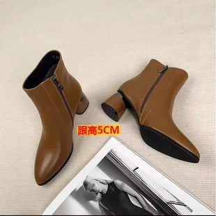 细腻做工穿着有型尖头短靴w女软皮粗跟真皮女鞋单靴平底马丁靴女