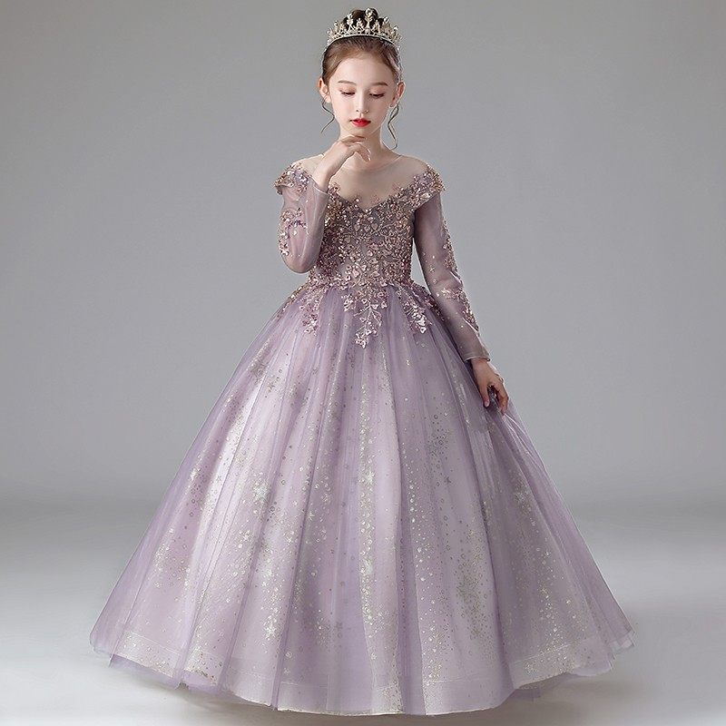 儿童礼服秋冬高端长袖女童小女孩主持人晚礼服生日钢琴走秀演出服