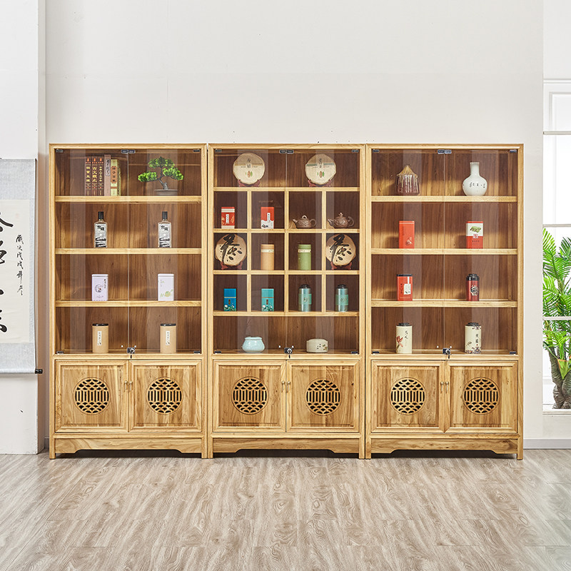 新中式实木博古架玻璃展示柜白酒柜茶室置物架紫砂壶多宝阁收纳柜