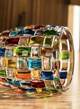 拍1发2欧式手绘彩色玻璃撞色彩绘果汁杯威士忌酒杯鱼尾杯SRT