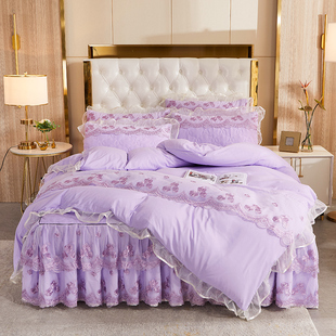 韩式夹棉床裙四件套蕾丝公主风床罩莫奈尔被套夏季床上用品1.8m米