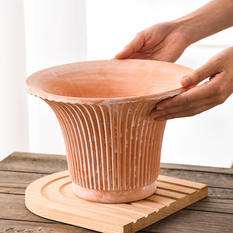 新款复古大喇叭口竖纹红陶土透气花盆简约浮雕大口径兰花盆带托盘,鲜花速递/花卉仿真/绿植园艺,花盆,淘宝优惠券,粉丝福利购,淘宝优惠卷