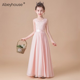 女童晚礼服长款钢琴演出服小女孩生日公主裙儿童音乐会粉色花童裙