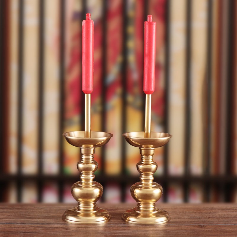 蜡烛烛台底座中式上香焟烛台家用纯铜金色拜神腊台座中古复古摆件