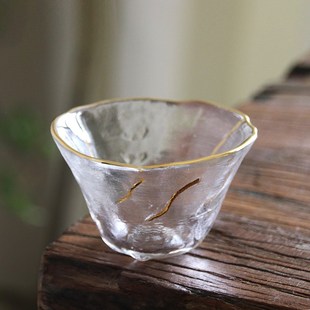锤目纹玻璃手工金边斗笠品茗杯 日式 耐热功夫茶具单杯主人小茶杯