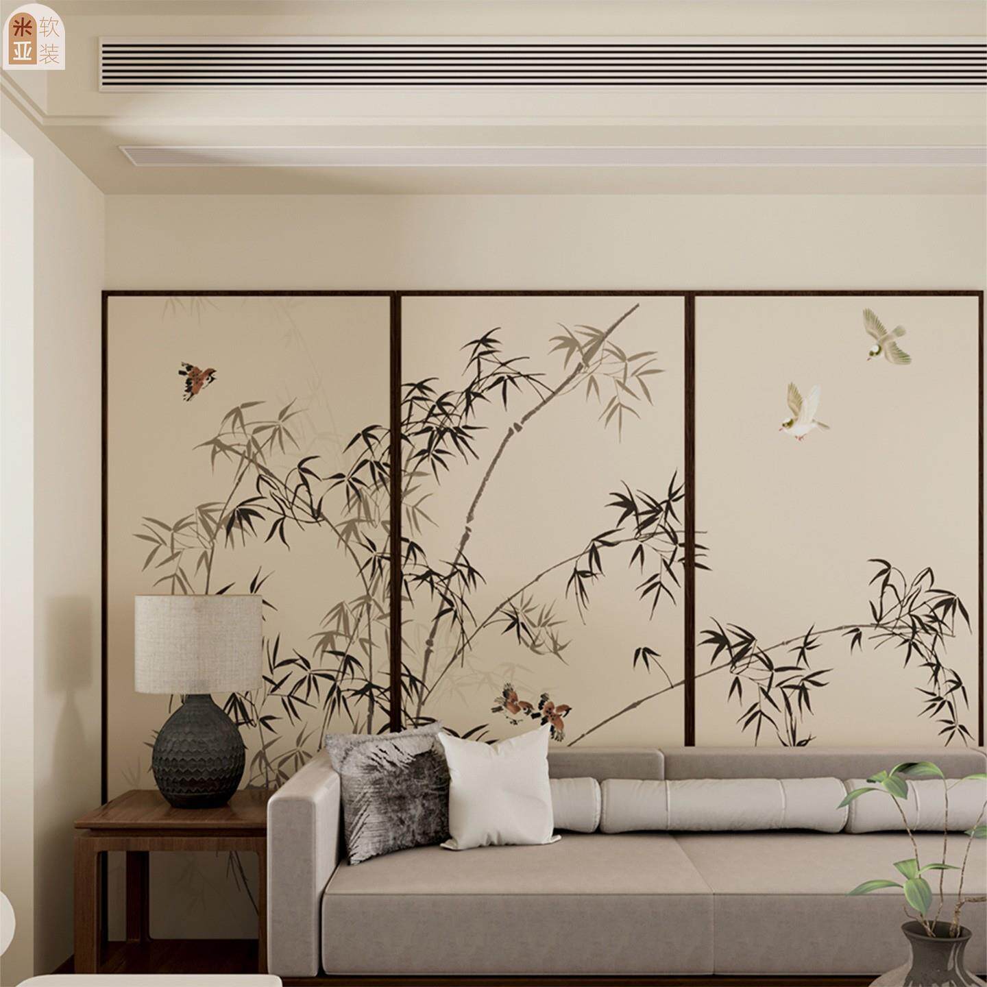 古画竹子玄关墙面装饰贴画茶室中国画背景墙客厅推拉门墙贴纸定制