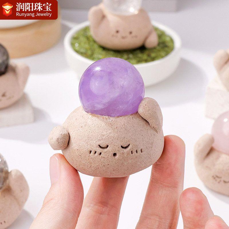 天然水晶球小豆丁摆件黄水晶绿幽灵原石手工水晶工位招财装饰精品