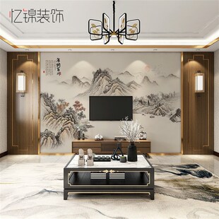 电视背景墙壁纸自粘中式山水风景客厅装饰墙布d立体墙贴无缝贴画