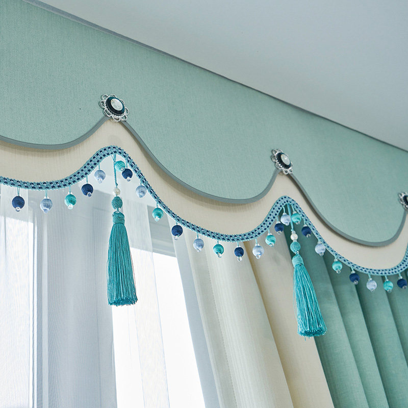 飘窗窗帘卧室新欧式绿色米色拼接纯色落地遮光窗幔帘头定制