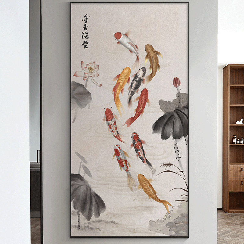 中荷九鱼图玄关装饰画手绘油画新九鲤锦鲤客厅竖挂画