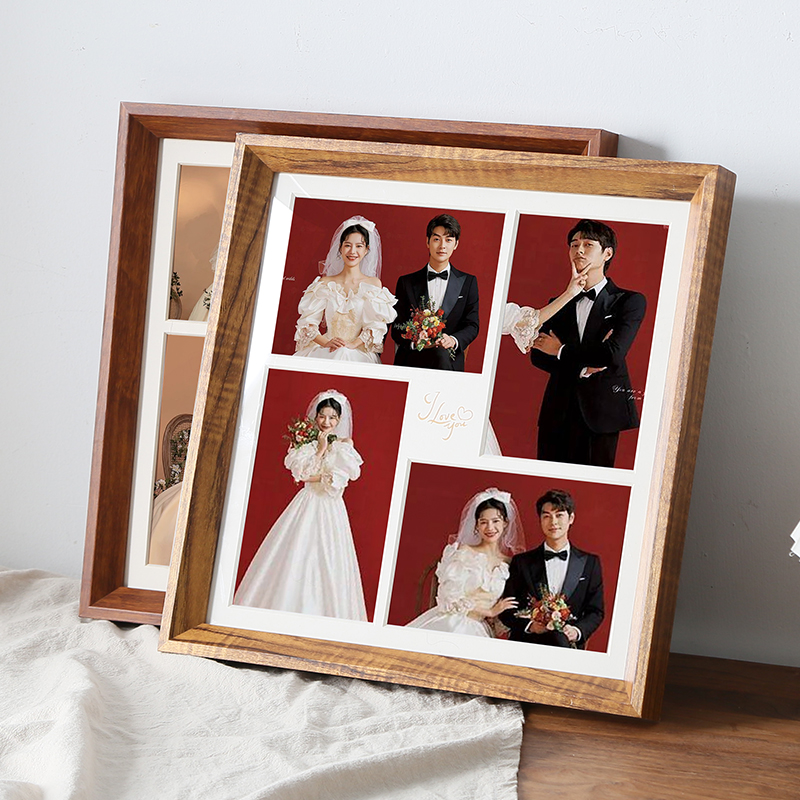 实木四宫格洗照片做成相框挂墙加卡纸四孔组合相片框6寸5寸定制
