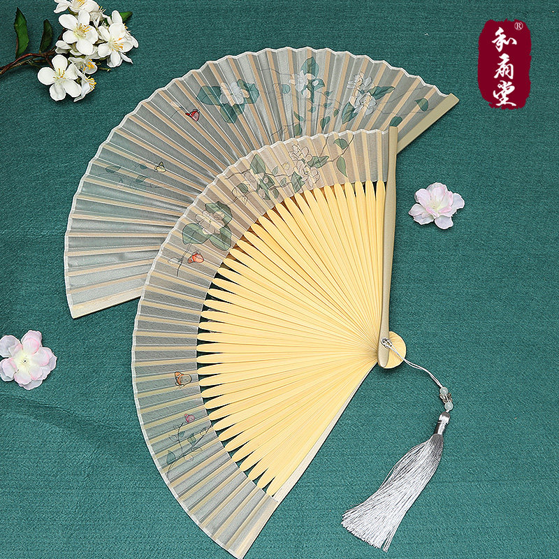 和扇堂古风窄边丝绸女扇茉莉折扇亮漆竹骨汉服扇子舞蹈扇