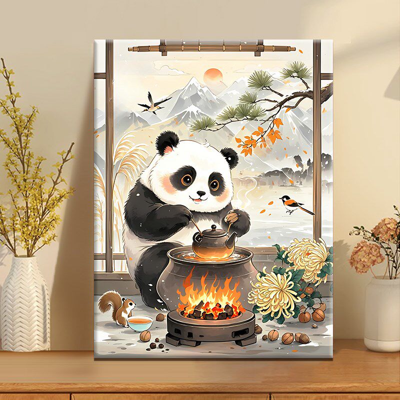 国宝煮茶记 diy数字油画2新款丙烯画手工填充熊猫油彩涂色画