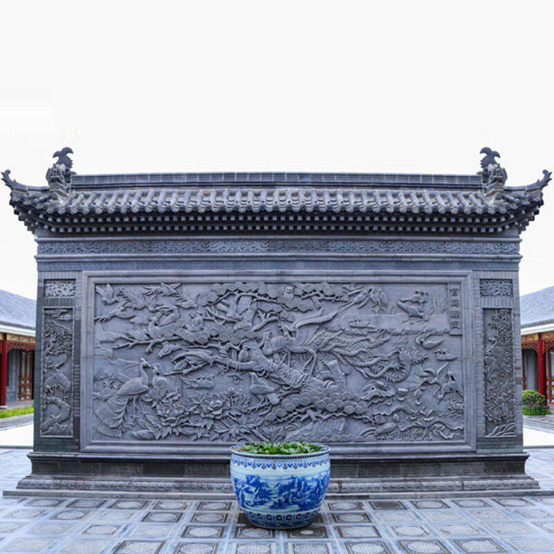 瓜瓞绵绵龙凤纹线条地脚线仿古青砖古建砖雕影壁墙照壁五福捧寿