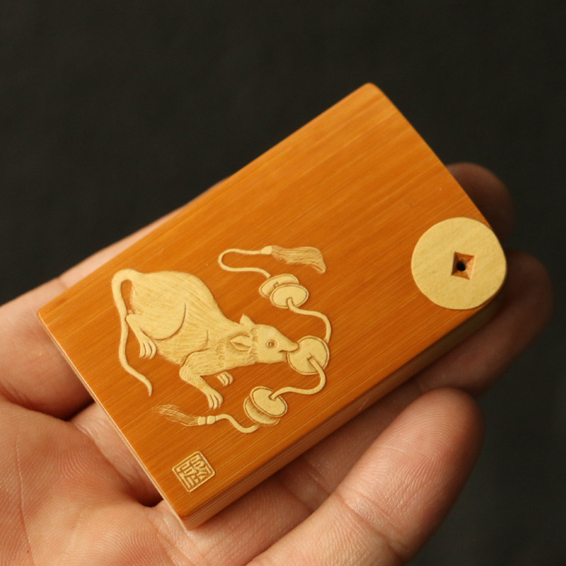 十几年老玉竹东阳名家戚挺飞本工精工留青雕刻牌子竹雕手牌把件