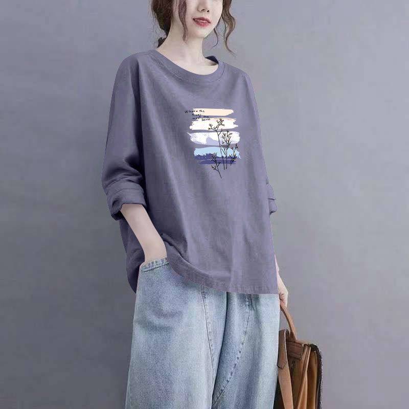 时尚纯棉t恤女士打底衫春秋季圆领宽松大码显瘦百搭气质长袖上衣