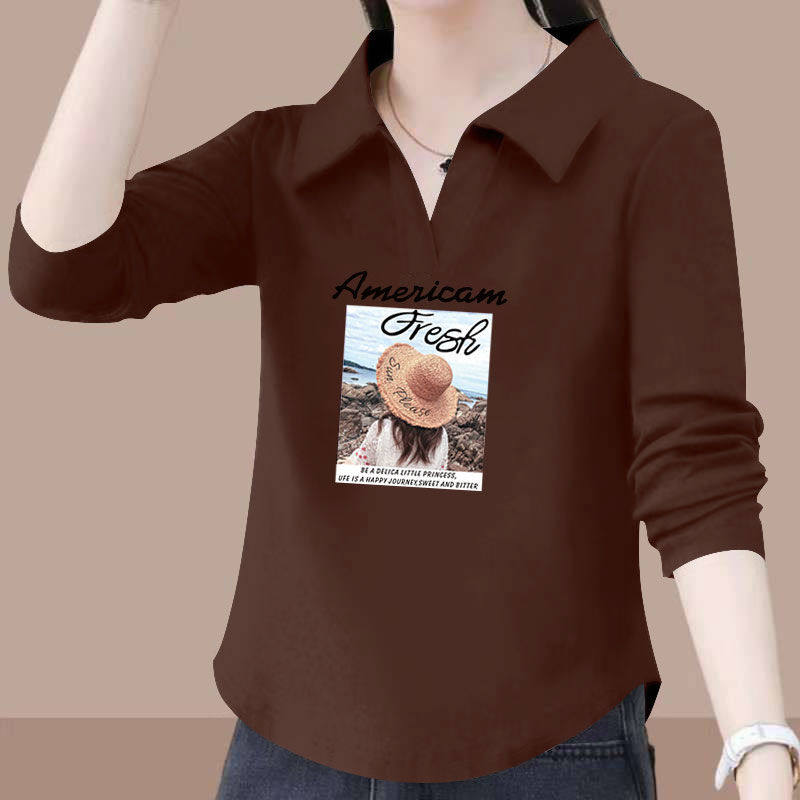 时尚纯棉薄款长袖t恤女秋冬季爆款潮流设计感显瘦polo领印花上衣