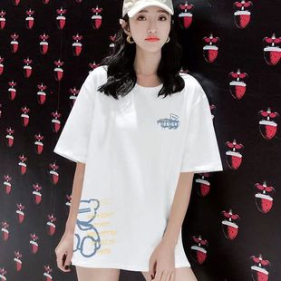 潮流洋气宽松显瘦ins印花中长款 韩版 夏季 纯棉女装 t恤女上衣潮 短袖