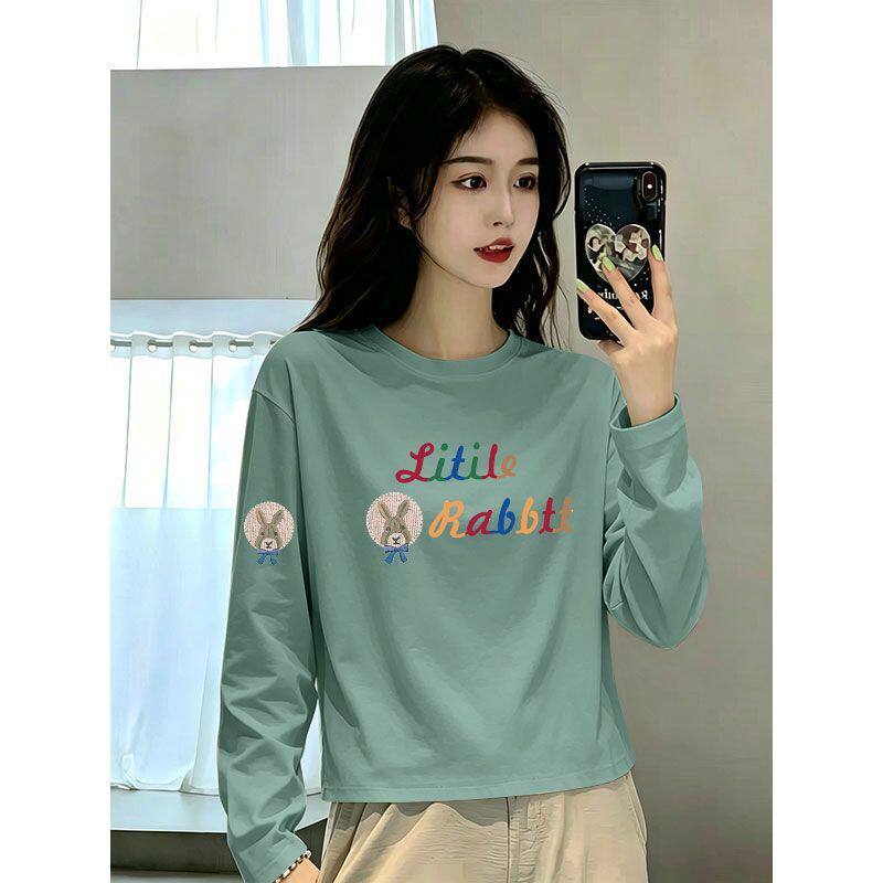 纯棉秋款印花短款大码长袖T恤女