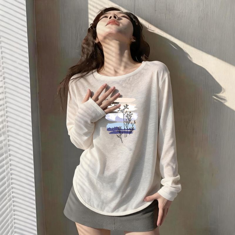100%纯棉女士长袖T恤女夏季ins时尚大码百搭潮流设计感上衣女汗衫