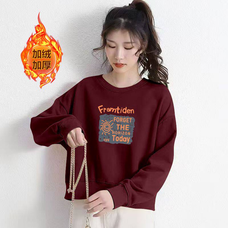 秋冬季加绒加厚新款卫衣女时尚休闲百搭短款宽松显瘦印花长袖上衣