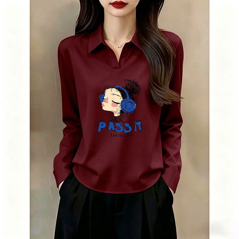 纯棉翻领长袖T恤女遮肉百搭