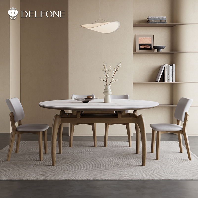德利丰实木岩板伸缩餐桌可变圆桌家用小户型侘寂风方圆两用饭桌