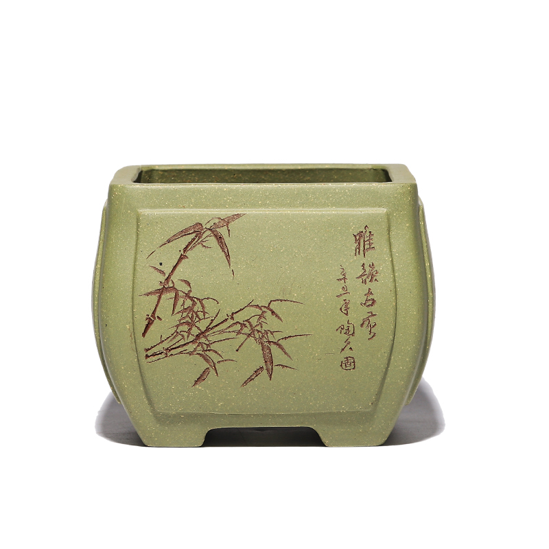 香阁紫砂 手工古典四方盆 匠人果绿泥小型花器桌面盆景盆文人花