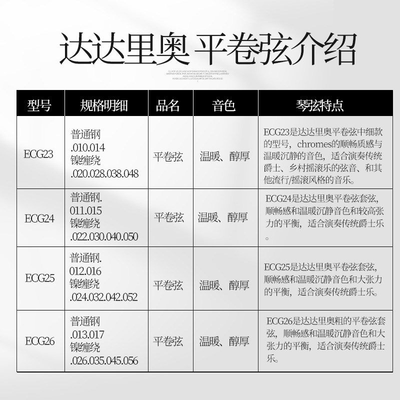 达达里奥平卷电吉他琴弦 ECG23 ECG25 ECG24 ECG26 摇滚爵士套弦