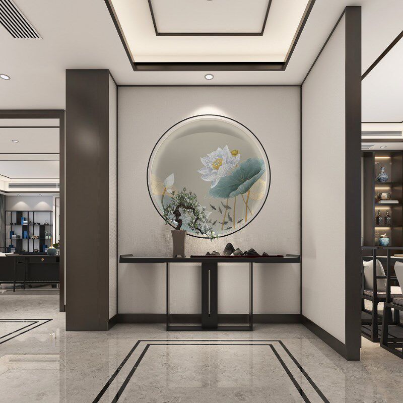 九鱼图圆形玄关装饰画进门走廊过道客厅背景墙壁画画壁纸d