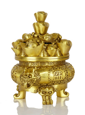 纯铜聚宝盆摆件纯铜玄关摆件家居存钱罐开盖储存罐