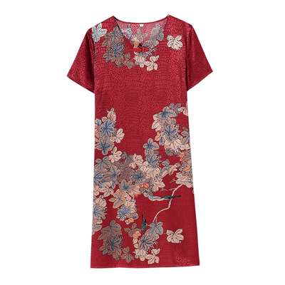 妈妈夏装短袖连衣裙旗袍真丝裙子气质高贵五六十岁中老年夏天衣服