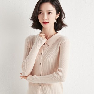 春秋POLO领针织开衫 女修身 纯色长袖 外套翻领外搭毛衣羊毛打底衫