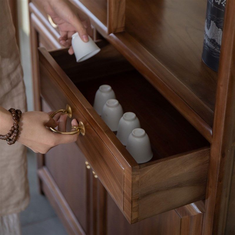 杪轩新中式博古架黑胡桃木茶叶置物架榆木复古实木多宝阁展示柜