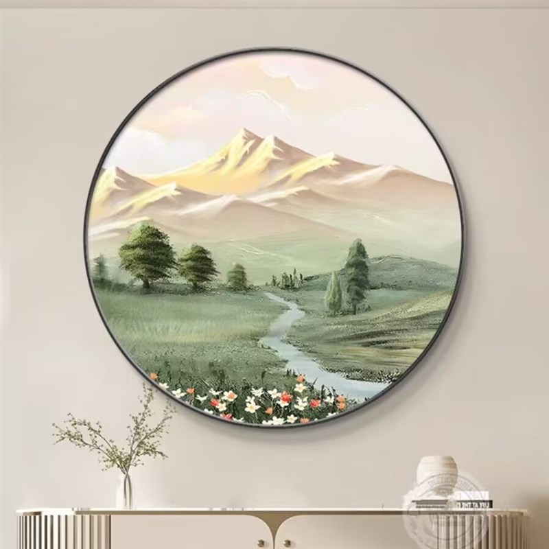 日照金山玄关装饰画圆形饭厅山水风景走廊过道挂画北欧正对门墙画图片