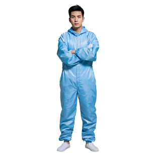连帽连体衣服 防静电服工作服防尘服电子厂防护服蓝白色无尘衣长款