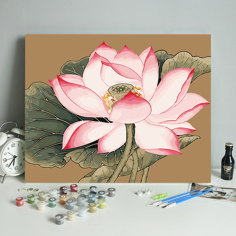 数字油画diy填充中国风荷花手绘莲花玄关装饰禅意手工填色油彩画图片