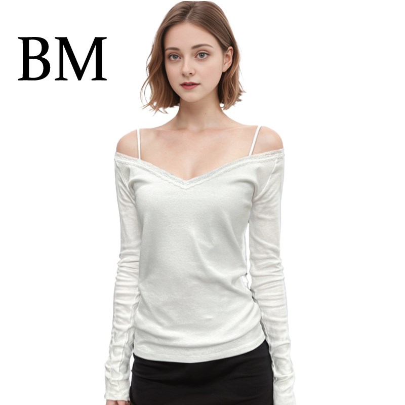 BM新款温柔风大V领蕾丝内搭白色简约高级舒适T恤基础百搭款打底衫