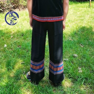 成人彝族男单裤直筒裤男款长裤民族特色绣花裤子少数民族黑色裤子
