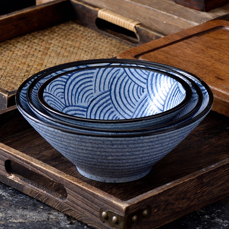 日式陶瓷青海波斗笠餐具7英寸9寸单个汤碗喇叭拉面碗日式家用瓷碗