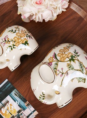 美式陶瓷招财大象客厅轻奢高级感欧式摆件复古玄关工艺品瓷器创意