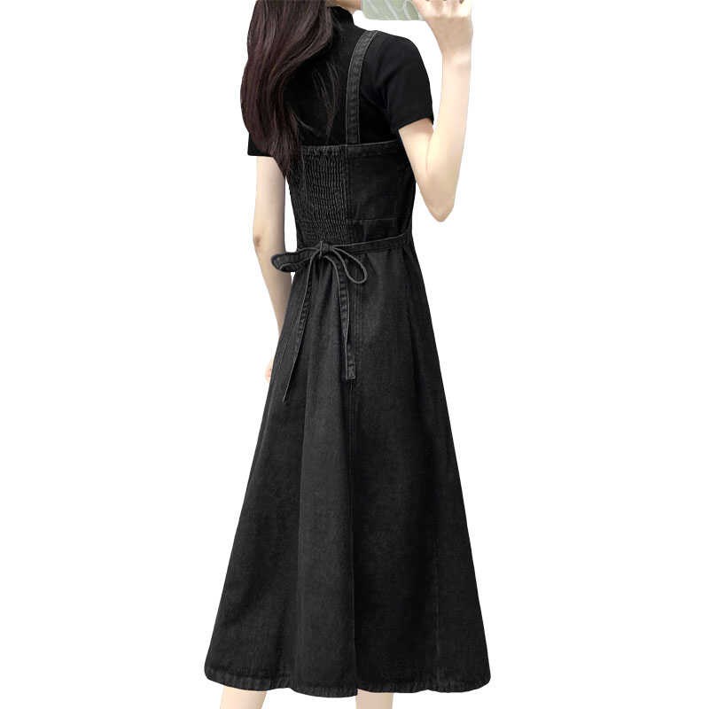 2024大码中长裙新款夏季百搭宽松收腰背带长裙牛仔吊带a字连衣裙
