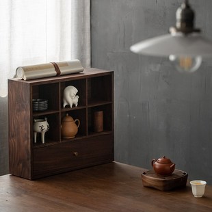 黑胡桃木实木带抽屉多宝阁家用小型桌面博古架茶杯茶具收纳置物架