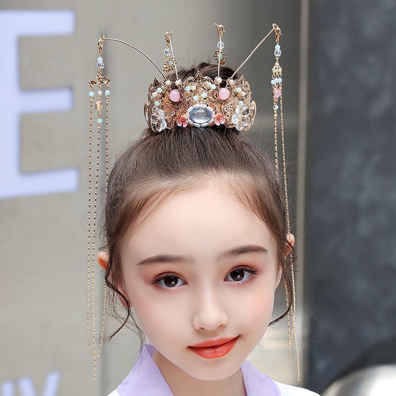儿童汉服头饰古风公主流苏发冠女童古装仙女凤冠生日步摇头冠皇冠