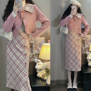 复古套装名媛气质西装潮少女粉色单件春毛呢套装两件套洋气套装秋