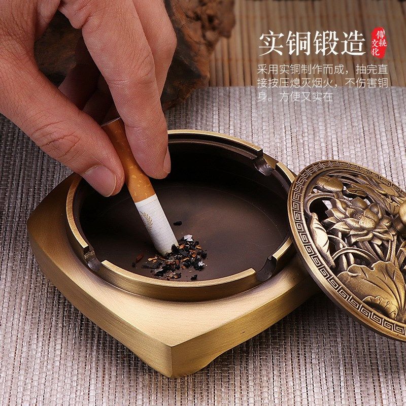特大号黄铜烟灰缸带盖防飞灰办公室烟缸复古中式创意个性潮流家用