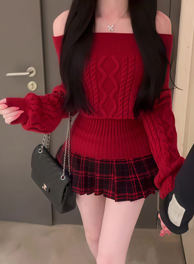 氛围感一字肩毛衣红色格纹短裙套装女收腰针织衫搭高腰百褶两件套