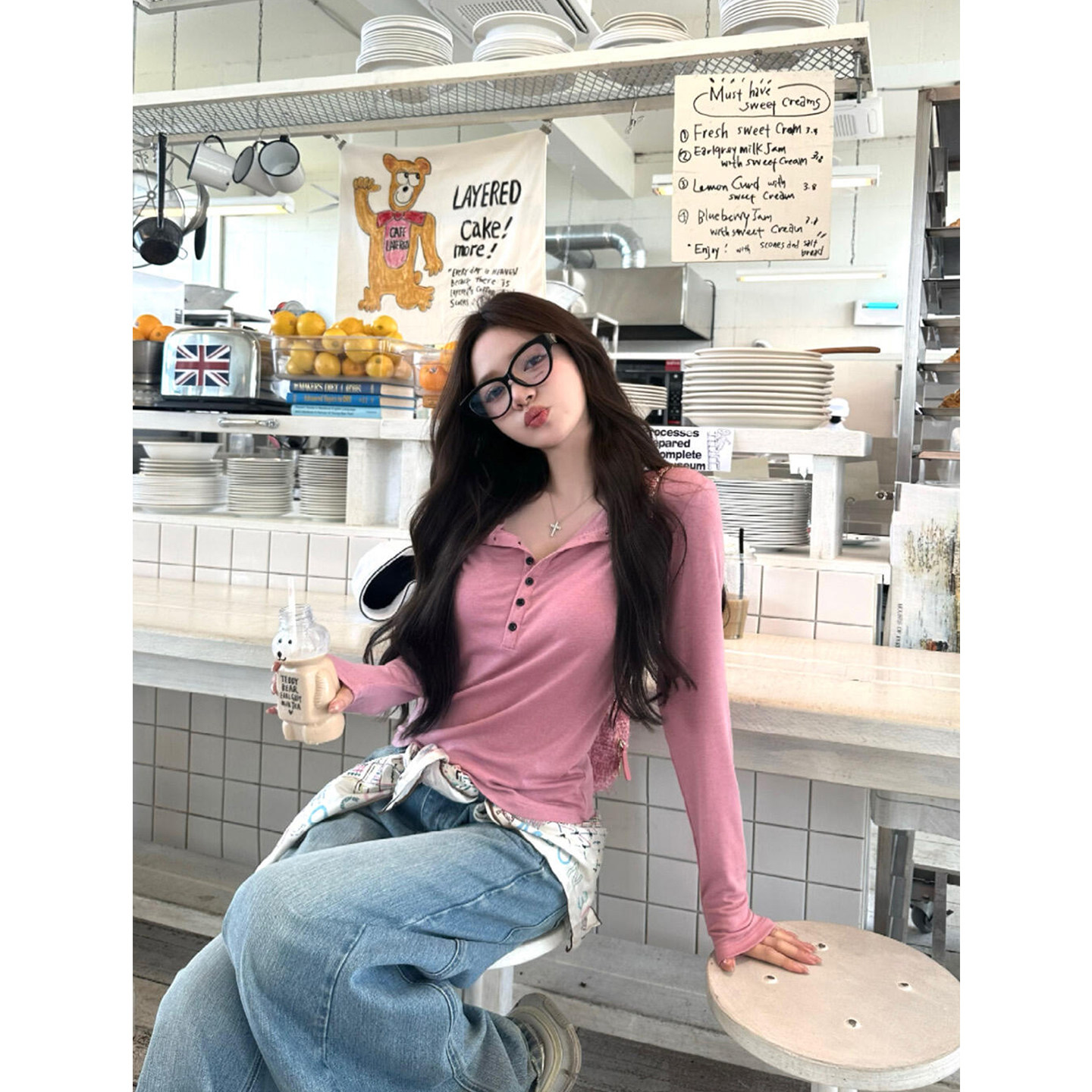 韩系粉色亨利领长袖t恤女春季新款设计感简约宽松百搭打底衫上衣,女装/女士精品,T恤,淘宝优惠券,粉丝福利购,淘宝优惠卷