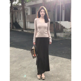 上衣女气质休闲垂感半身裙两件套装 纯欲风修身 显瘦U领打底针织衫